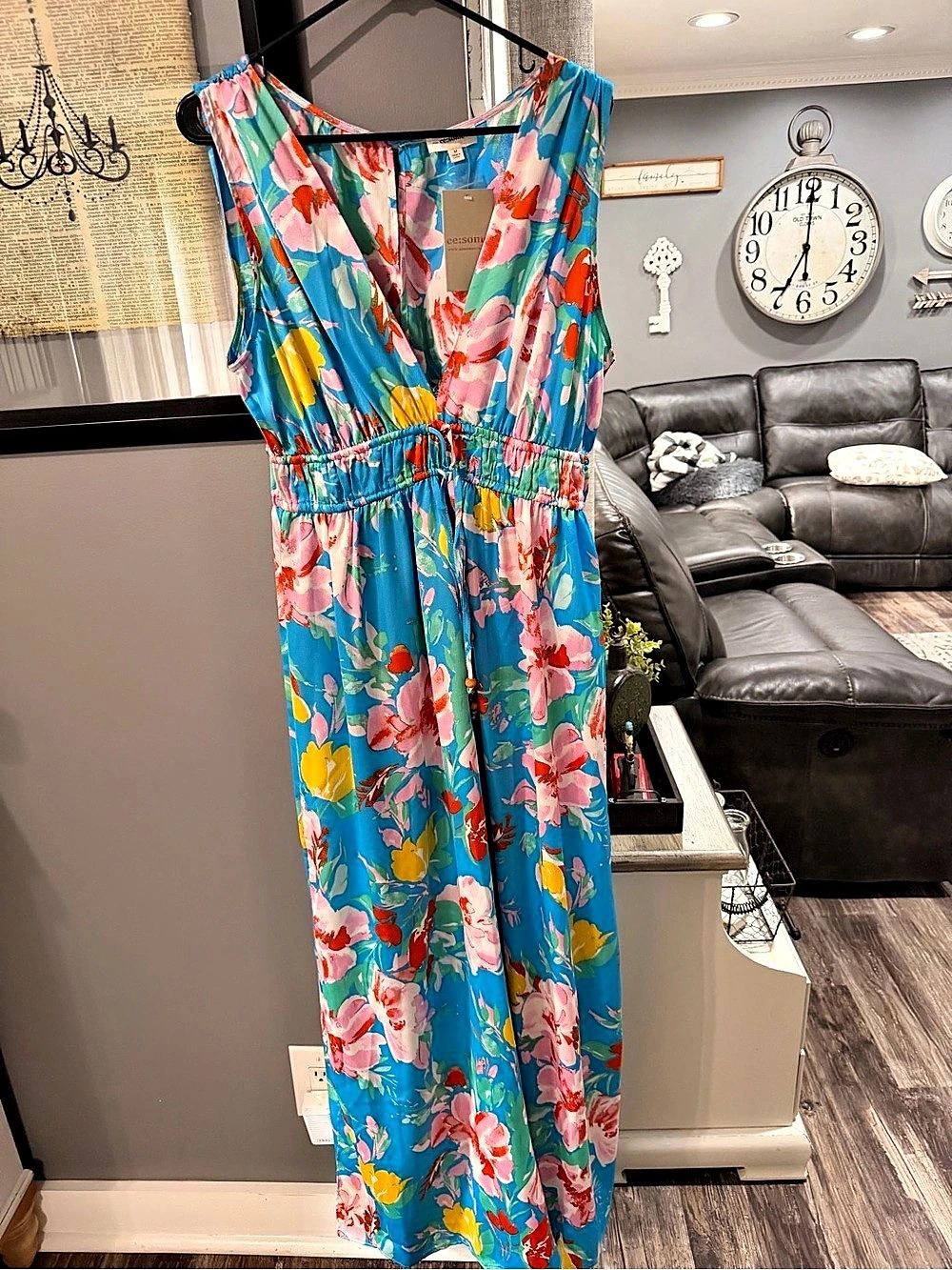 eesome Island Bloom Jumpsuit Floral Maxi Dress/pants  Blue & Pink Size Large NWT